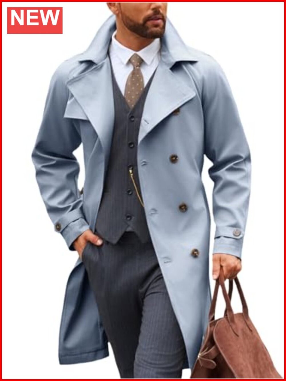 Mens Trench Coat Double Breasted Belted Windbreaker Overcoat